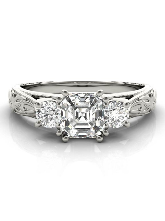 1.92 Ct Asscher Cut 3-Stone Lab-Created Simulated Diamond Ring 14K White Gold Plated Vintage Leaf Style