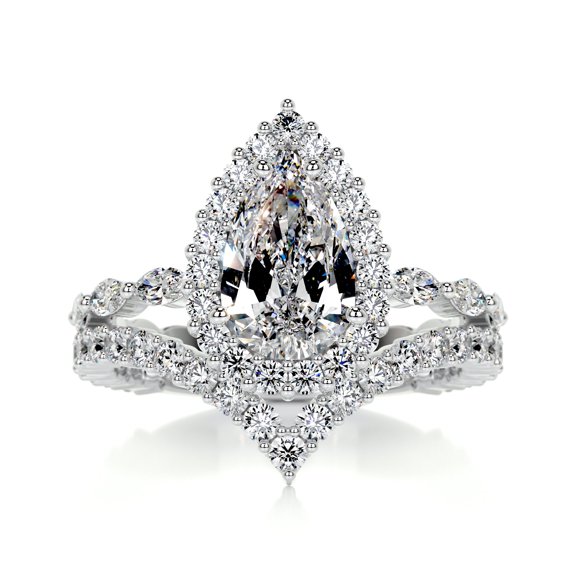 Alor Jewel 14K White Gold Plated Ring - Gift for Her - 1.9 Ct Pear Excellent Cut Moissanite Ring for Her - Halo Moissanite Ring for Her - Eternity Band Moissanite Ring - Bridal Set Moissanite Ring