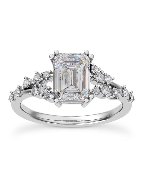 2.13 Ct Emerald Cut Lab-Created Simulated Diamond Solitaire with Accent Split Shank Engagement Ring 14K White Gold Plated