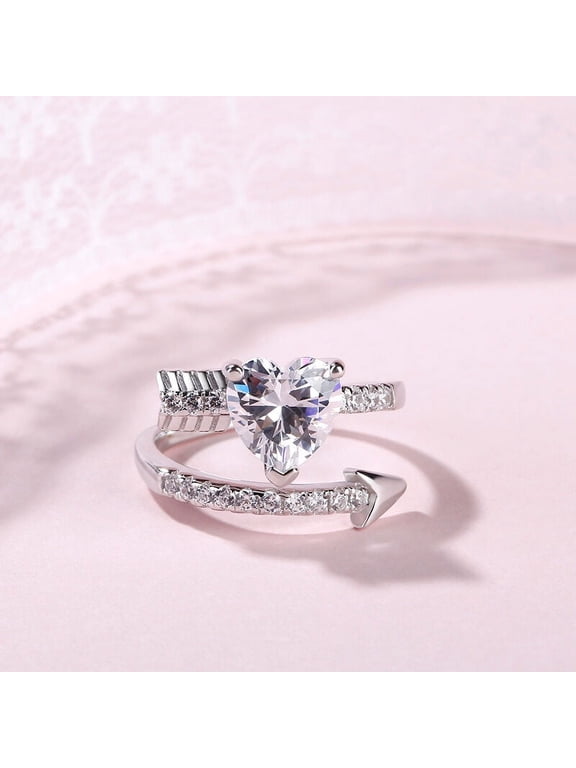 2.7 Ct Excellent Heart Cut Lab-Created Simulated Diamond Solitaire with Accent Ring - 14K White Gold Plated - Bypass Engagement Ring