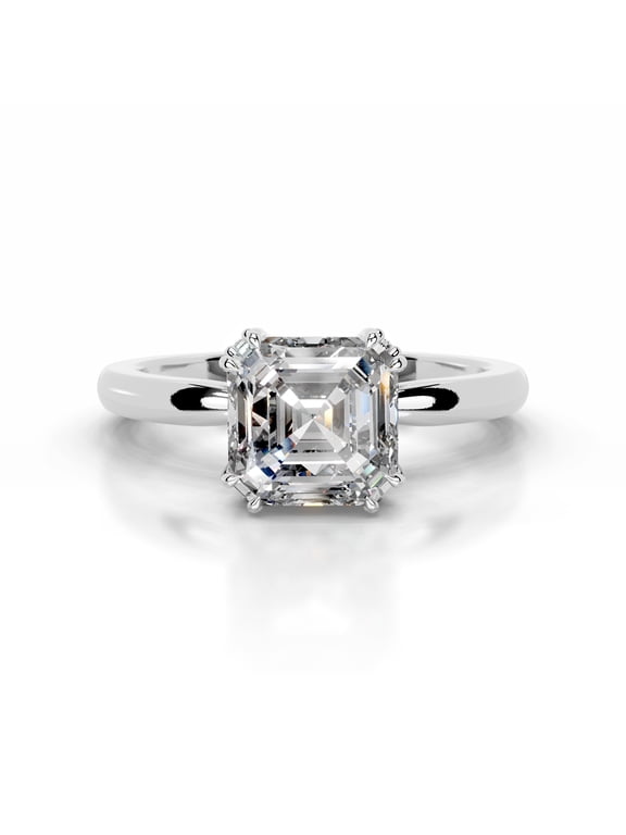 2 Ct Asscher Cut Lab-Created Simulated Diamond Ring, 14K White Gold Plated, Solitaire with Accent Lab-Created Simulated Diamond, Engagement Wedding Ring for Her