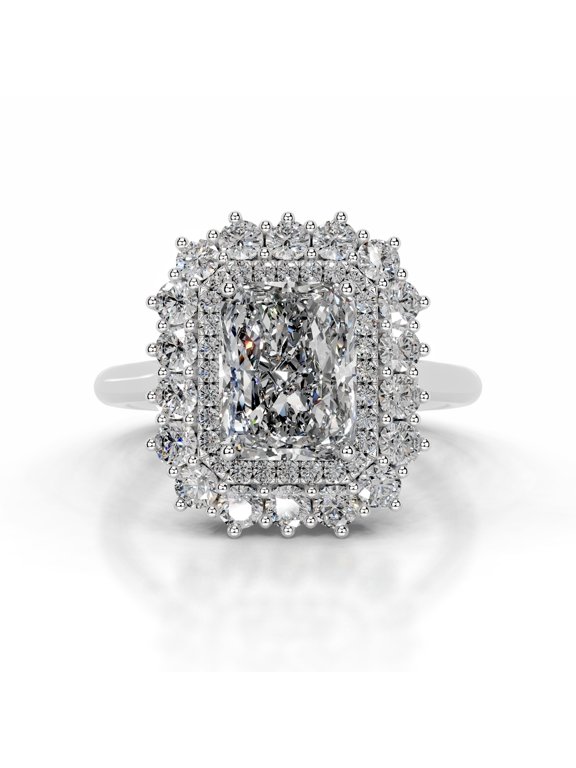 2 Ct Radiant Cut Excellent Lab-Created Simulated Diamond Wedding Ring, 14K White Gold Plated, Solitaire with Accent Lab-Created Simulated Diamond, Double Halo Ring for Her