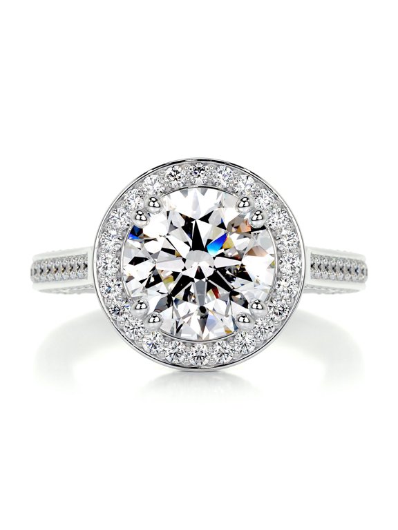2 Ct VVS1 Round Cut Lab-Created Simulated Diamond Solitaire Ring - Bezel Halo & Eternity Split Shank - 14K White Gold Plated Ring for Her