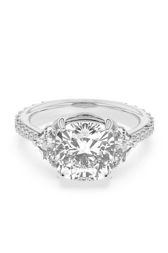 ry 14K White Gold Plated Ring - 2 Ct Three Stone Solitaire with Accents Ring - Beautiful Cushion Cut Moissanite Engagement Ring for Women - Elegant Jewelry for Her Special Day