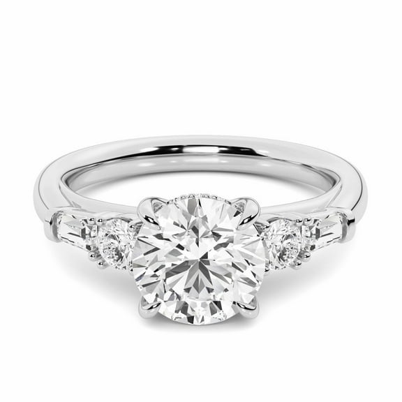Alor Jewelry Round Cut Moissanite Ring - 2.2 Ct Three Stone With Side Baguette Design - Elegant 14K White Gold Plated Ring for Women - Anniversary Jewelry - Wedding Ring - Gifts for Mom