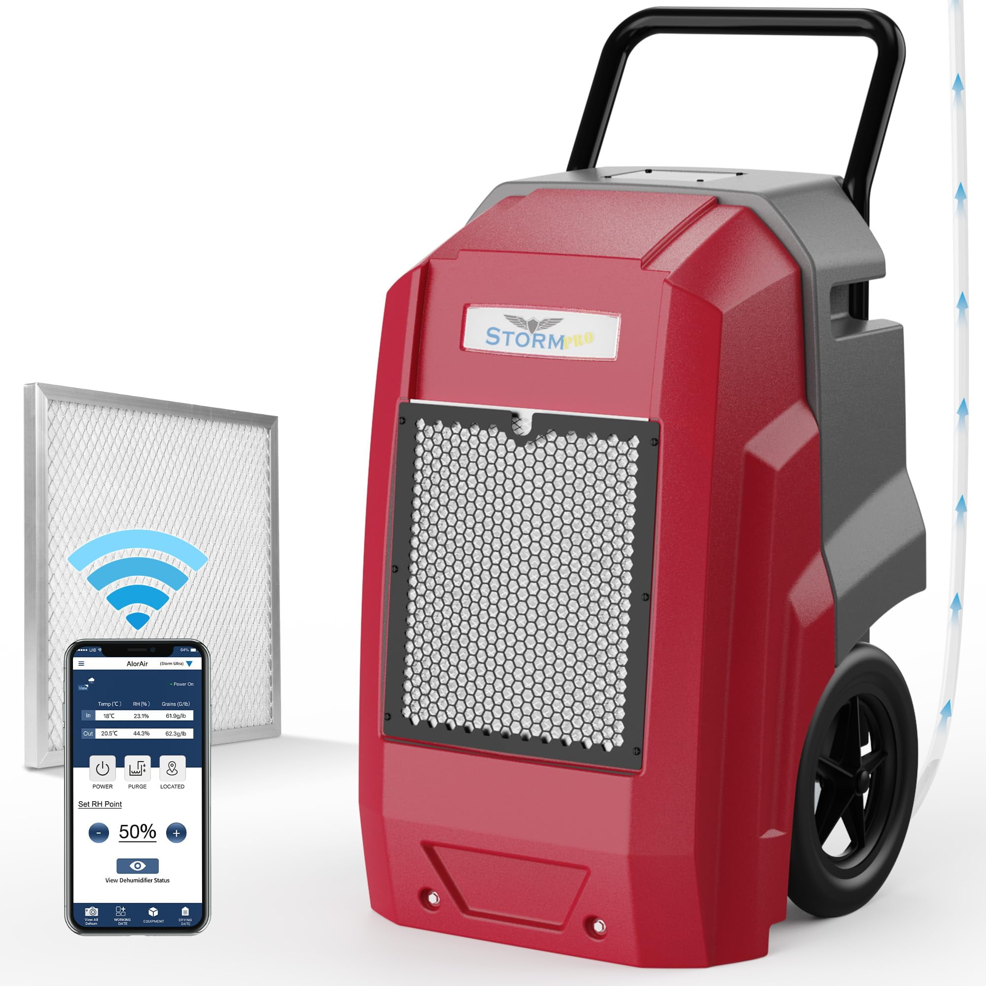 AlorAir 180 Pints Commercial Dehumidifier with Pump Drain Hose, Smart Wi-Fi Dehumidifier for Large Basement, Industrial or Commercial Space, Smart Wi-Fi, 5 Years Limited Warranty, Red