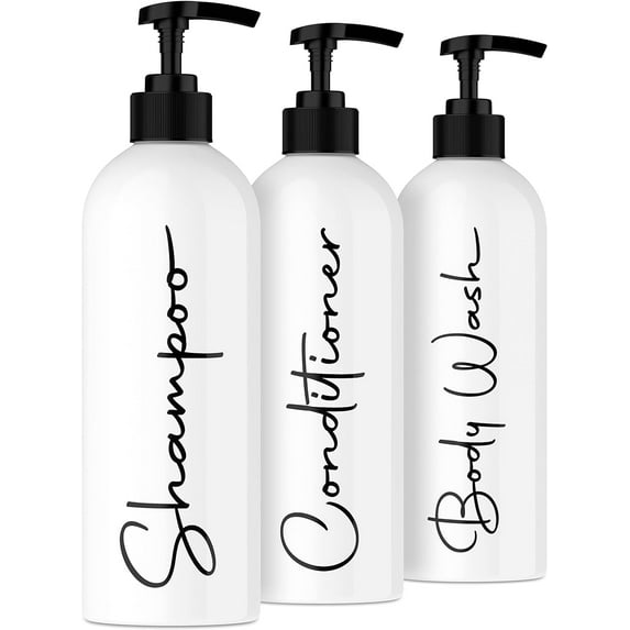 Alora 16oz Refillable Shampoo and Conditioner Bottles - Set of 3 - White - Easy to read Lettering - Pump Bottle Dispenser for Shampoo, Conditioner, Body Wash - Empty Plastic Refillable Containers