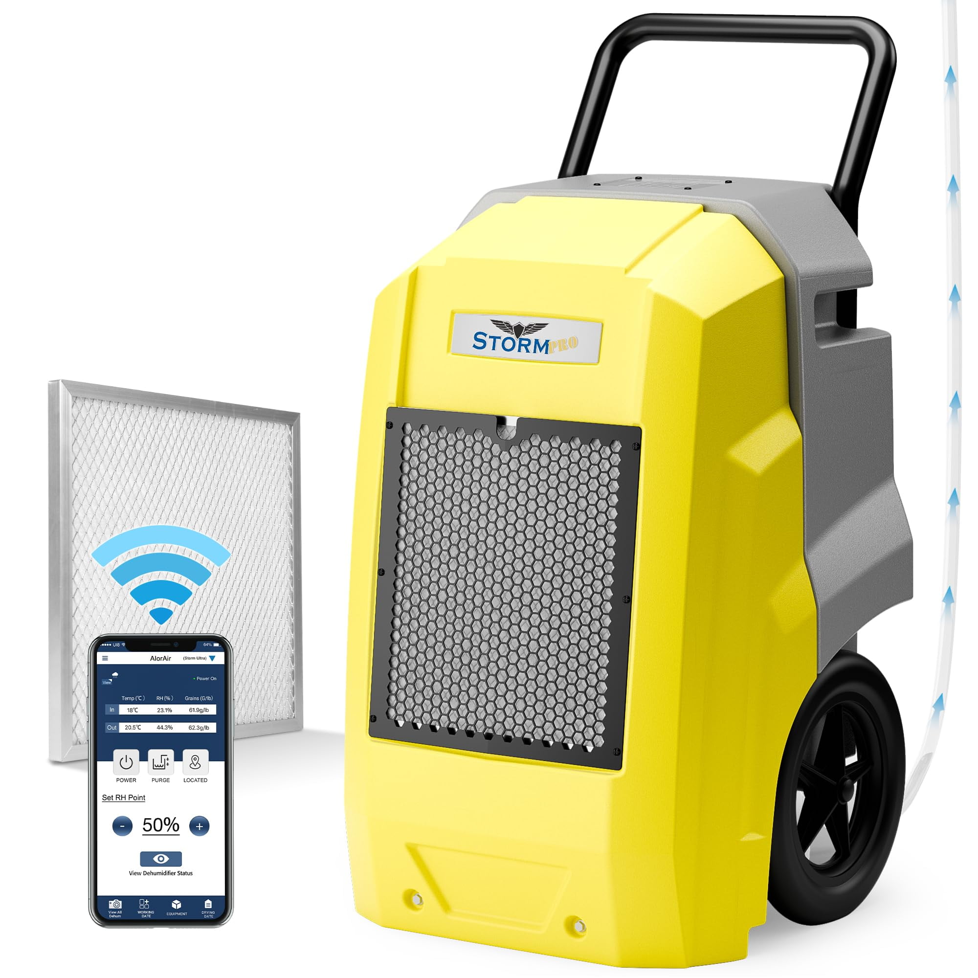 AlorAir 180 Pints Commercial Dehumidifier with Pump Drain Hose, Smart Wi-Fi Dehumidifier for Large Basement, Industrial or Commercial Space, Smart Wi-Fi, 5 Years Limited Warranty, Yellow