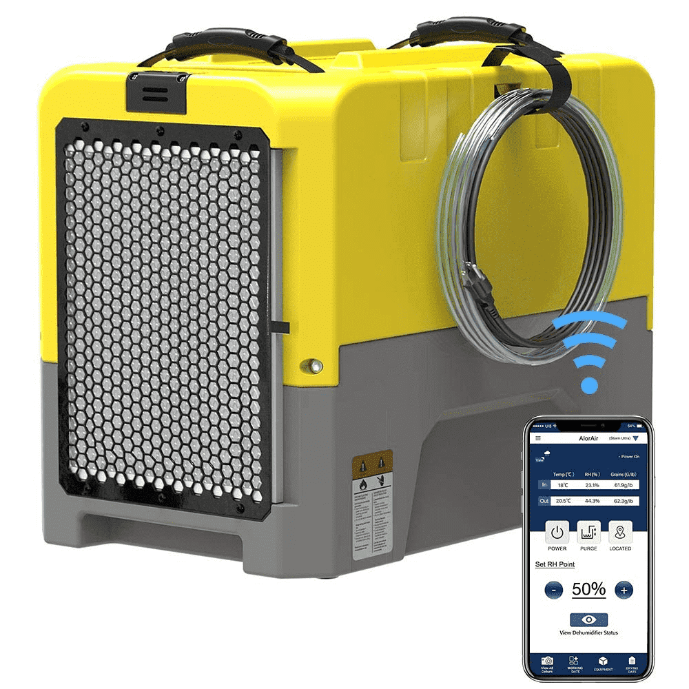 ALORAIR 180 PPD Commercial dehumidifiers for Crawl Space & Basement, Wi-Fi APP Controls with Pump, Capacity up to 85 PPD at AHAM Condition, for Large Space, Job Sites, Yellow