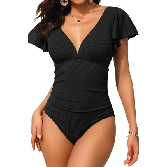 Alove Bath Suit Monkini Sexy Deep V Neck Solid Color Flounce Backless Short Sleeve One Piece Swimwear for Women