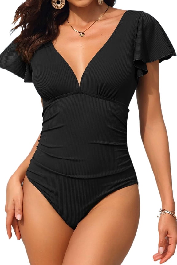 Bath Suit Monkini Sexy Deep V Neck Solid Color Flounce Backless Short Sleeve One Piece Swimwear for Women