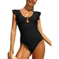 thumbnail image 1 of Alove Deep V Neck Flounce One Piece Swimsuit Ladies Solid Plunging Beachwear Bathing Suit, 1 of 5