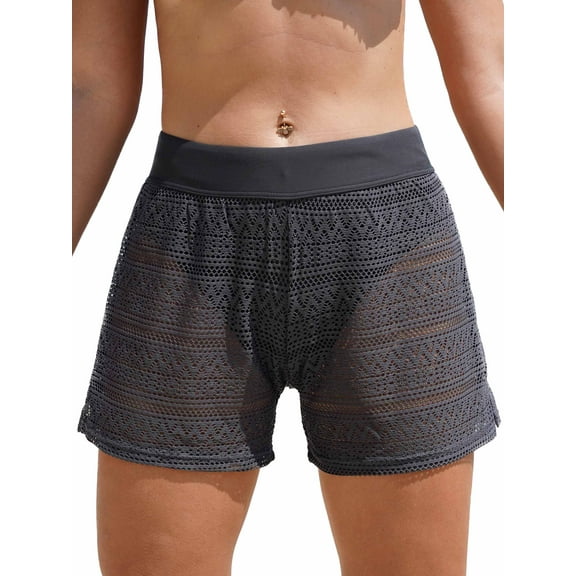 Alove Hollow-Out Lace Swim Shorts Elastic High Waist Trunk For Women Swimsuit Bottom With Brief BoyShorts