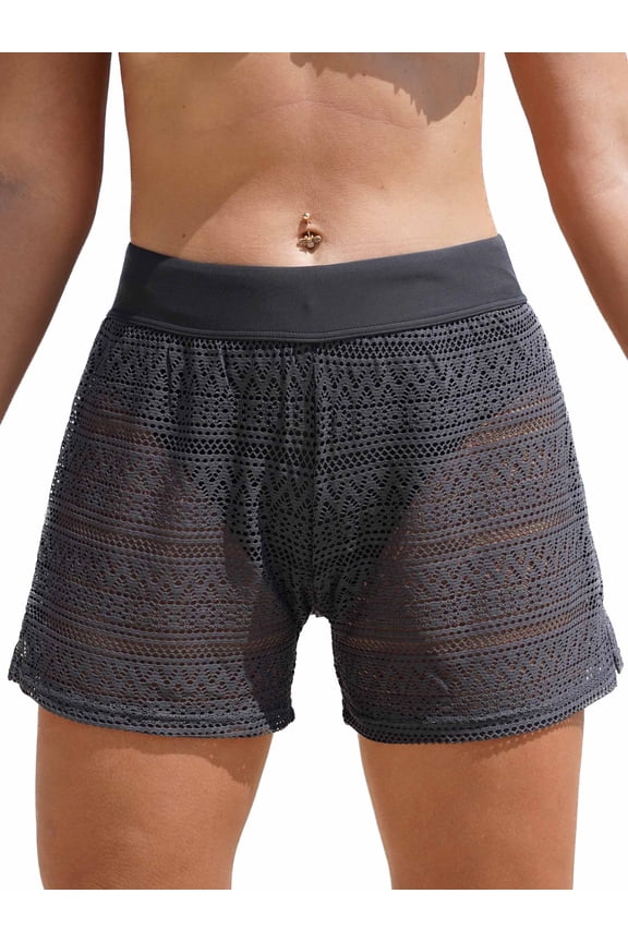Hollow-Out Lace Swim Shorts Elastic High Waist Trunk For Women Swimsuit Bottom With Brief BoyShorts