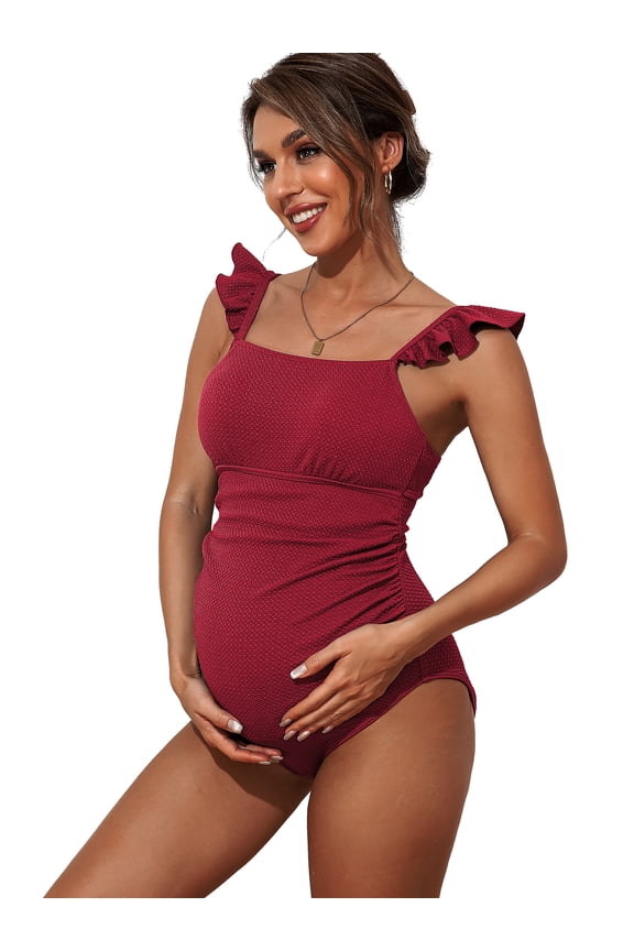 Maternity Flying Collar One Piece Ruffle Swimsuit Square Neck Swimwear Moderate Coverage Bathing Suit for Women