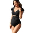 thumbnail image 1 of Alove Maternity Ribbed 1 piece Swimsuit One Piece Ruffle Sleeve Bathing Suit Ruched Cut-Out Tie Knot Pregnancy Swimwear, 1 of 4