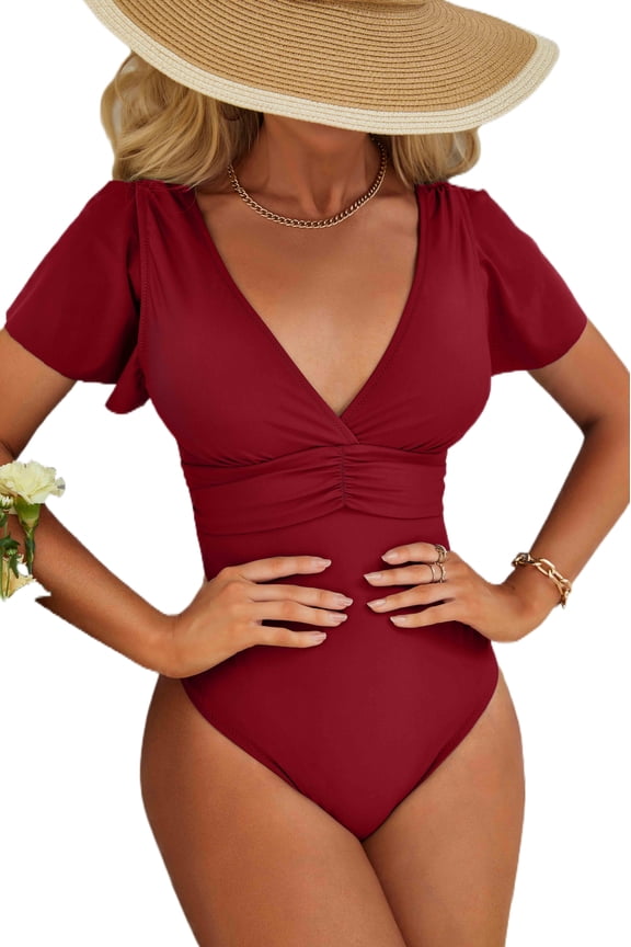One Piece Swimsuits for Women Trumpet Sleeve V Neck Ruched Monokini Bathing Suits