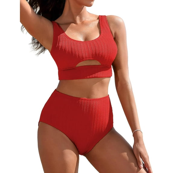 Alove Ribbed Bikini Sets Solid Color High Waisted Women Two Piece Swimsuit Scoop Neck Cutout Sexy Bathing Suit Thick Shoulder Strap Swimwear