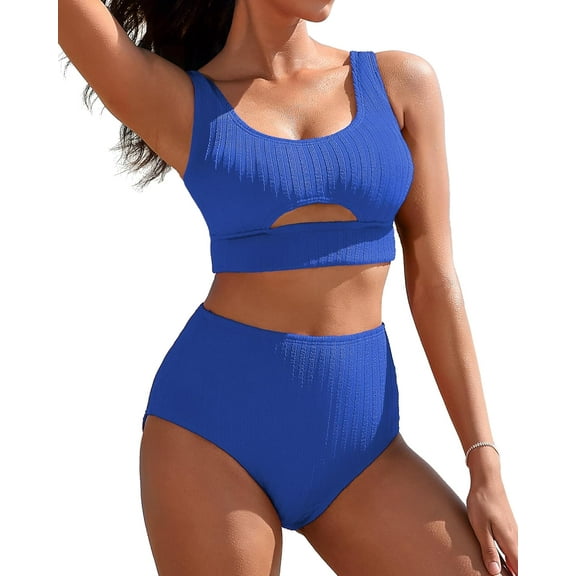 Alove Ribbed Bikini Sets Solid Color High Waisted Women Two Piece Swimsuit Scoop Neck Cutout Sexy Bathing Suit Thick Shoulder Strap Swimwear