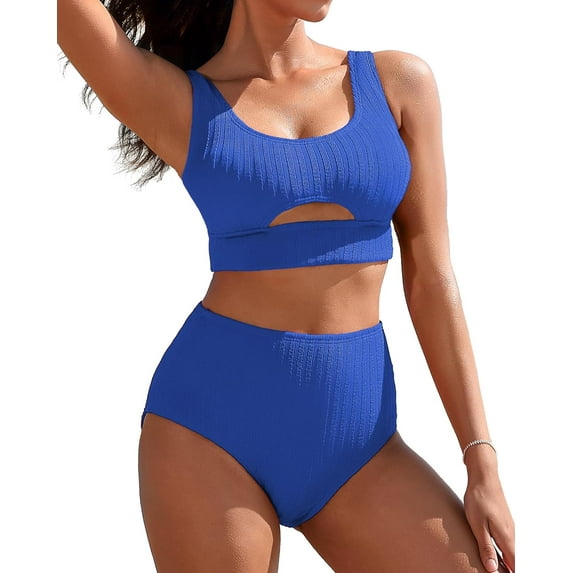 Alove Ribbed Bikini Sets Solid Color High Waisted Women Two Piece Swimsuit Scoop Neck Cutout Sexy Bathing Suit Thick Shoulder Strap Swimwear
