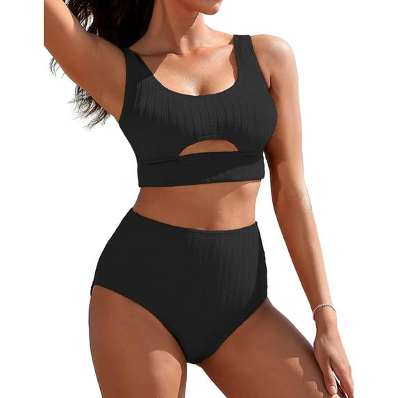 Alove Ribbed Bikini Sets Solid Color High Waisted Women Two Piece Swimsuit Scoop Neck Cutout Sexy Bathing Suit Thick Shoulder Strap Swimwear