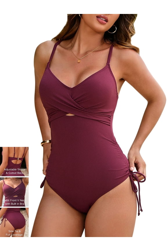 Ribbed One Piece Swimsuits for Women Ruched High Cut Side Tie Bathing Suits Twist Front Back Cutout Swimwears with Built in Bras
