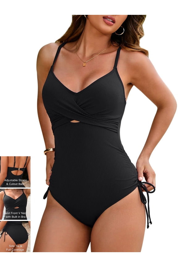 Ribbed One Piece Swimsuits for Women Ruched High Cut Side Tie Bathing Suits Twist Front Back Cutout Swimwears with Built in Bras