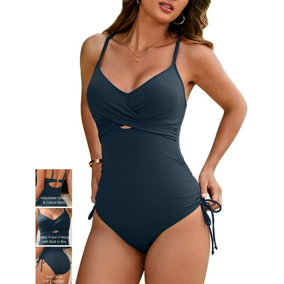Alove Ribbed One Piece Swimsuits for Women Ruched High Cut Side Tie Bathing Suits Twist Front Back Cutout Swimwears with Built in Bras