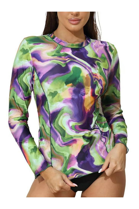 Rush Guards For Women Round Neck Long Sleeve Rashguard Swimsuit Fluid Style Close-fitting Hemming Swimwear Sun Protection UPF 50+