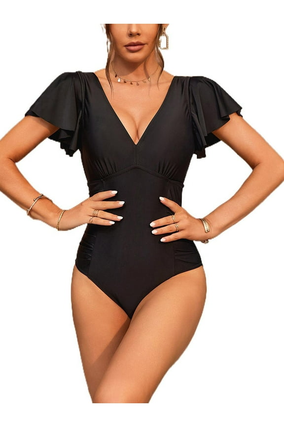 Sexy Deep V Neck Solid color One Piece Swimwear for Women Short Sleeve Bath Suit Monkini M-XL