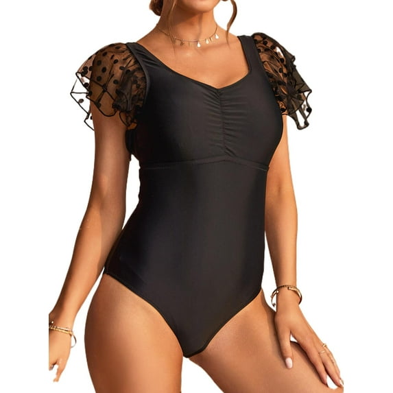Alove Sexy V Neck Guard Suit Solid color One Piece Swimwear for Women Short Sleeve Bath Suit Monkini