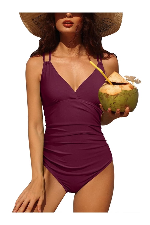 Sexy V Neck Ruched One Piece Swimwear for Women Double Straps Bath Suit Monkini