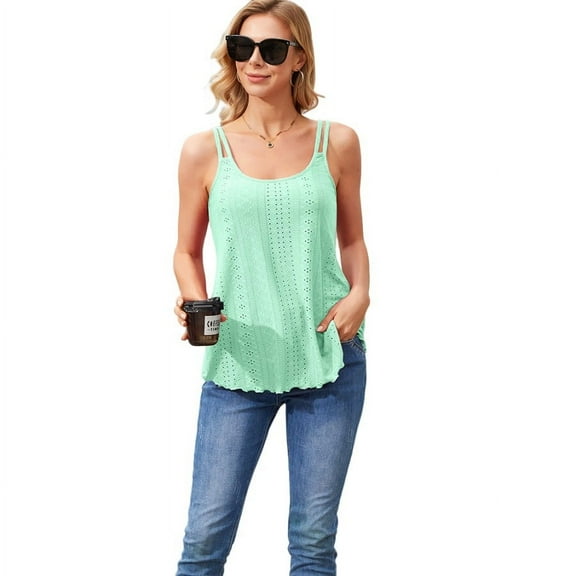 Alove Solid Female Padding Tank Tops Women Flowy Eyelet Embroidery Camisole Adjustable Spaghetti Strap Camis Shirts