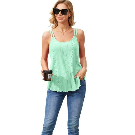 Alove Solid Female Padding Tank Tops Women Flowy Eyelet Embroidery Camisole Adjustable Spaghetti Strap Camis Shirts