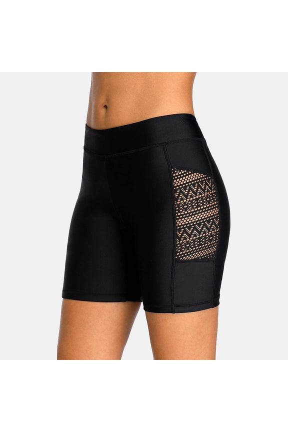 Solid Stretch High Rise Swim Shorts For Women Side Hollow Out Boyleg Trunk