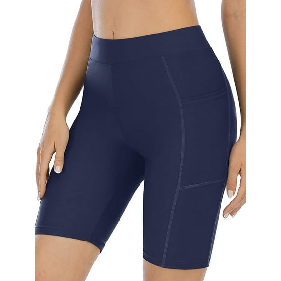 Alove Solid Stretch High Waist Board Shorts With Two Pockets For Women Swim Boyleg Trunk