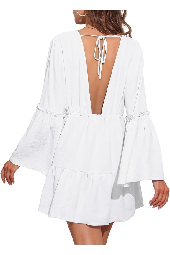 Spring and Fall Women Casual Dress Deep V Neck Loose Tunic Dress Long Bell Sleeves A-Line Flowy Womens Dresses S-XL