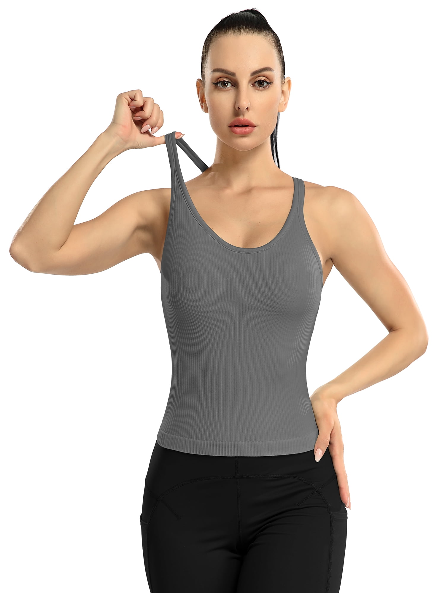 Alove Strethcy Ribbed Tank Tops With Shelf Bra Racerback Soft Camis