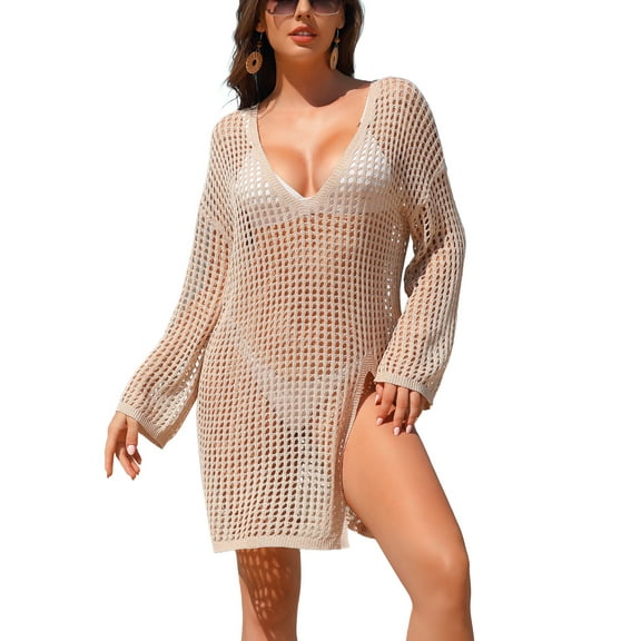 Alove Swimsuit Beach Coverups V Neck Cover Up Women Crochet Hollow Out Tops Side Split Swim Bikini Bathing Suit Loose Fit Beach Dress