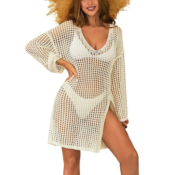 Alove Swimsuit Beach Coverups V Neck Cover Up Women Crochet Hollow Out Tops Side Split Swim Bikini Bathing Suit Loose Fit Beach Dress