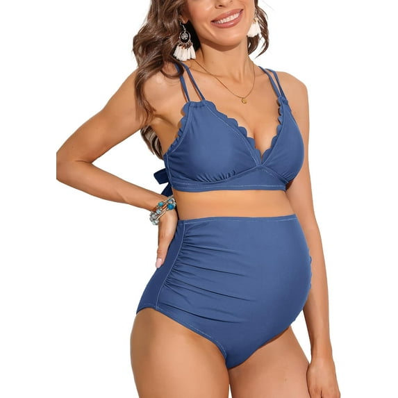 Alove V Neck Maternity Swimsuit Solid Color Women Two Piece High Waist Bikini Scallop Trim Bathing Suit Pregnancy Swimwear Spaghetti Strap Swimwears