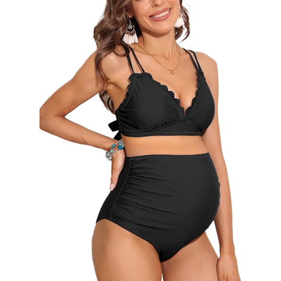 Alove V Neck Maternity Swimsuit Solid Color Women Two Piece High Waist Bikini Scallop Trim Bathing Suit Pregnancy Swimwear Spaghetti Strap Swimwears