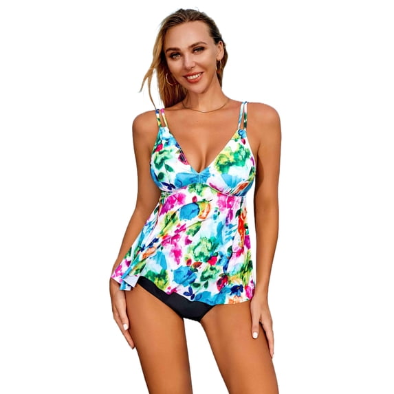 Alove Women Fashion Tankini Set Swimwear Swim Sets Spaghetti Strap V Neck Tankini Top with Swim Brief 2PCS