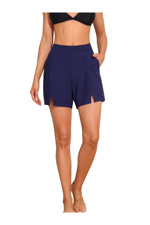 Women High Waisted Swim Shorts with Pockets Look Slimmer Solid Bathing Suit Bottoms Tummy Control Swimsuit