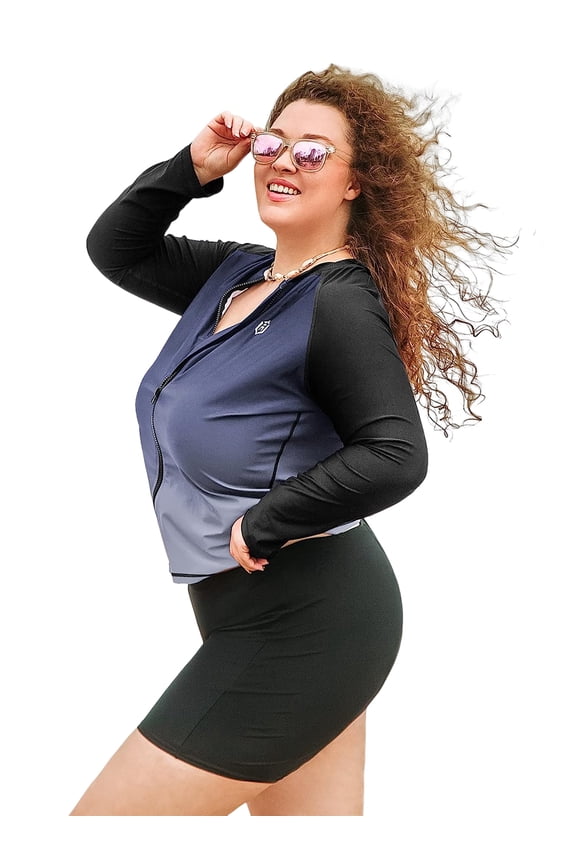 Women Long Sleeve Zipper Gradient Rash Guard Plus Size Swimwear Crew Neck Swimsuit UPF 50+ S-3X