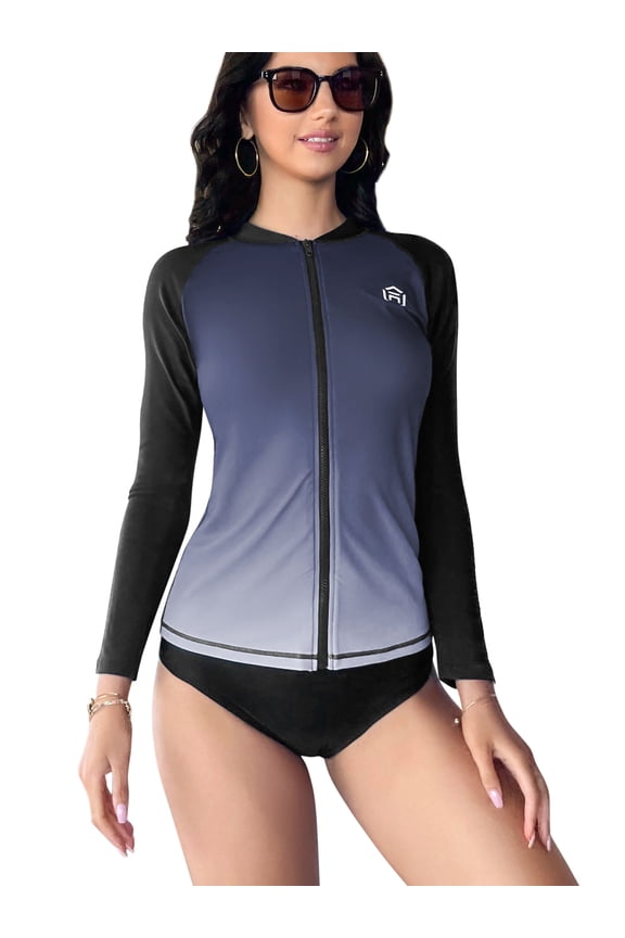 Women Long Sleeve Zipper Gradient Rash Guard Plus Size Swimwear Crew Neck Swimsuit UPF 50+ S-3X