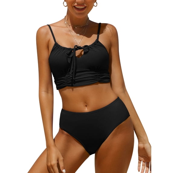Alove Women Middle Waisted Bikini Set Bandaged Rushed Swimsuits Sexy Two Piece Swimwear