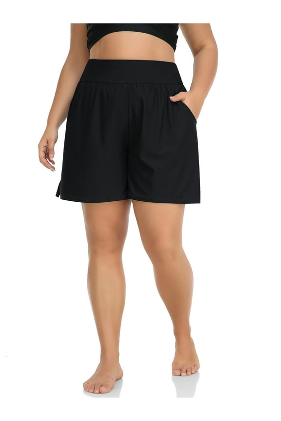 Women Plus Size Swimming Shorts High-waisted Beach Pants Split Swimsuit Bottoms with Pockets Color Swim Trunks With Pockets