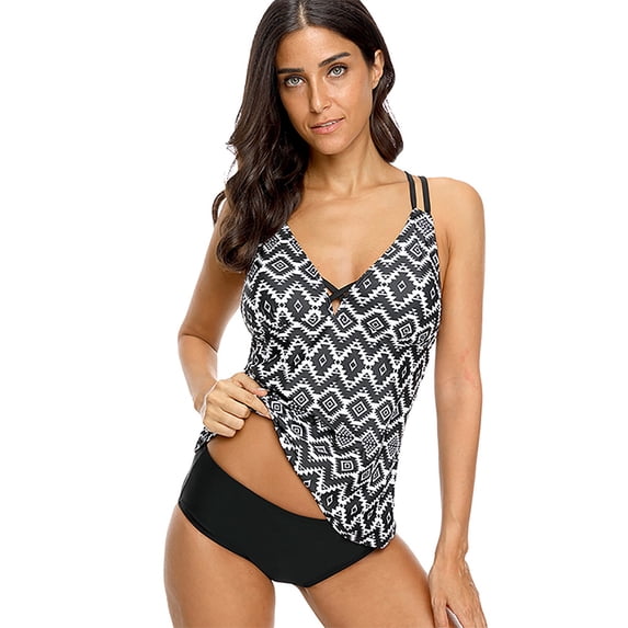 Alove Women Print Tankini Swimsuit Two Piece V neck Swimwear Set