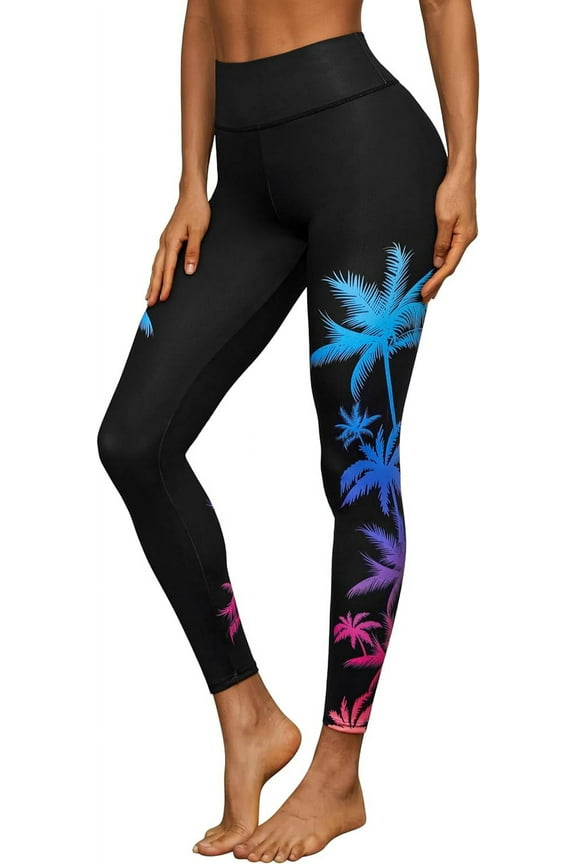 Women Printing Swimming Pants High Waisted Long Swim Pants Swim Leggings Swim Tights Colorful Leaves Print